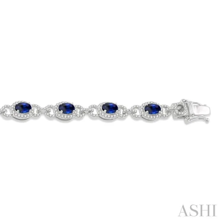 1 3/4 Ctw Round Cut Diamond & 6x4 MM Oval Cut Sapphire Precious Bracelet in 14K White Gold