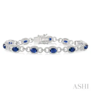 1 3/4 Ctw Round Cut Diamond & 6x4 MM Oval Cut Sapphire Precious Bracelet in 14K White Gold