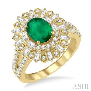 1 ctw Lattice Oval Shape 8x6MM Emerald, Baguette and Round Cut Diamond Precious Ring in 14K Yellow Gold