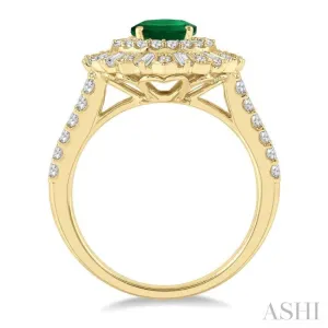 1 Ctw Lattice Oval Shape 8x6MM Emerald, Baguette and Round Cut Diamond Precious Ring in 14K Yellow Gold