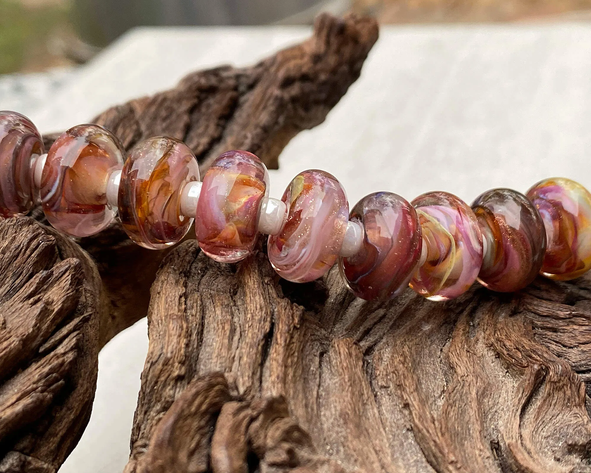 13 Strawberry Brown Swirl Lampwork Beads Set SRA