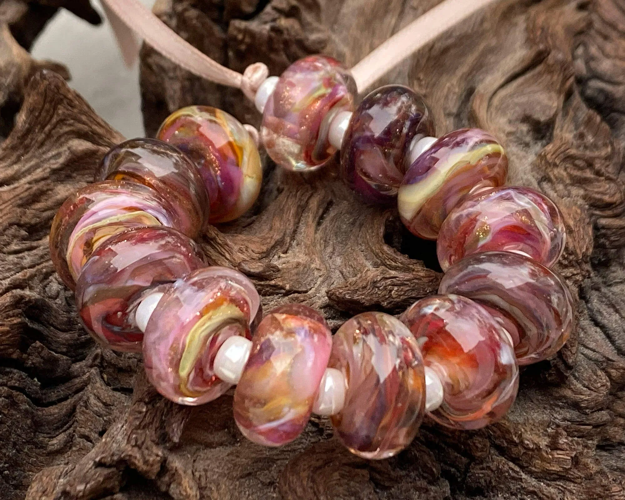 13 Strawberry Brown Swirl Lampwork Beads Set SRA