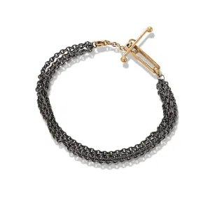 14 Karat Yellow Gold HandmadeToggle Clasp Friendship Bracelet with Oxidized Silver Chain