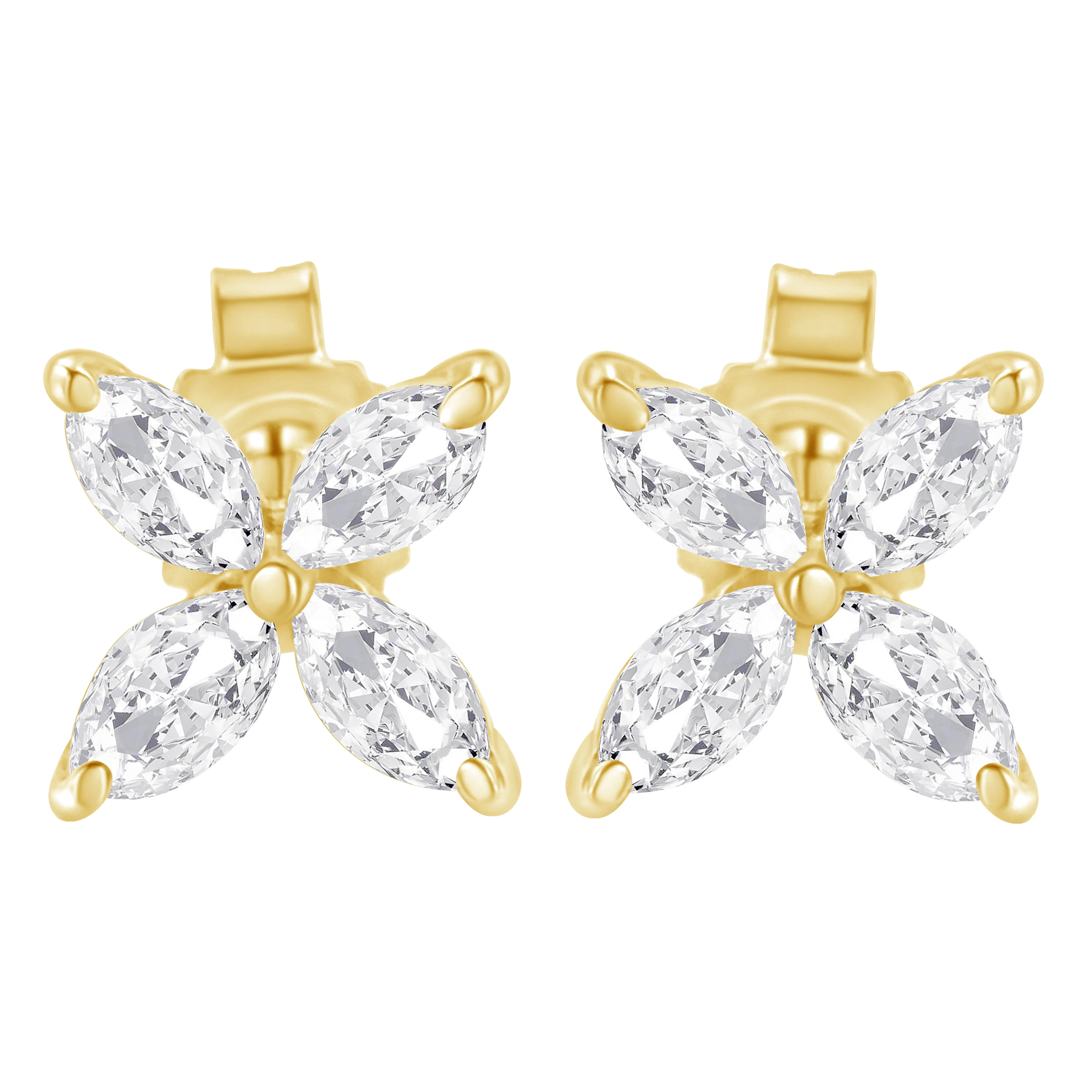 14K Gold Marquise Diamond 8 Stone Floral Leaf Stud Earrings