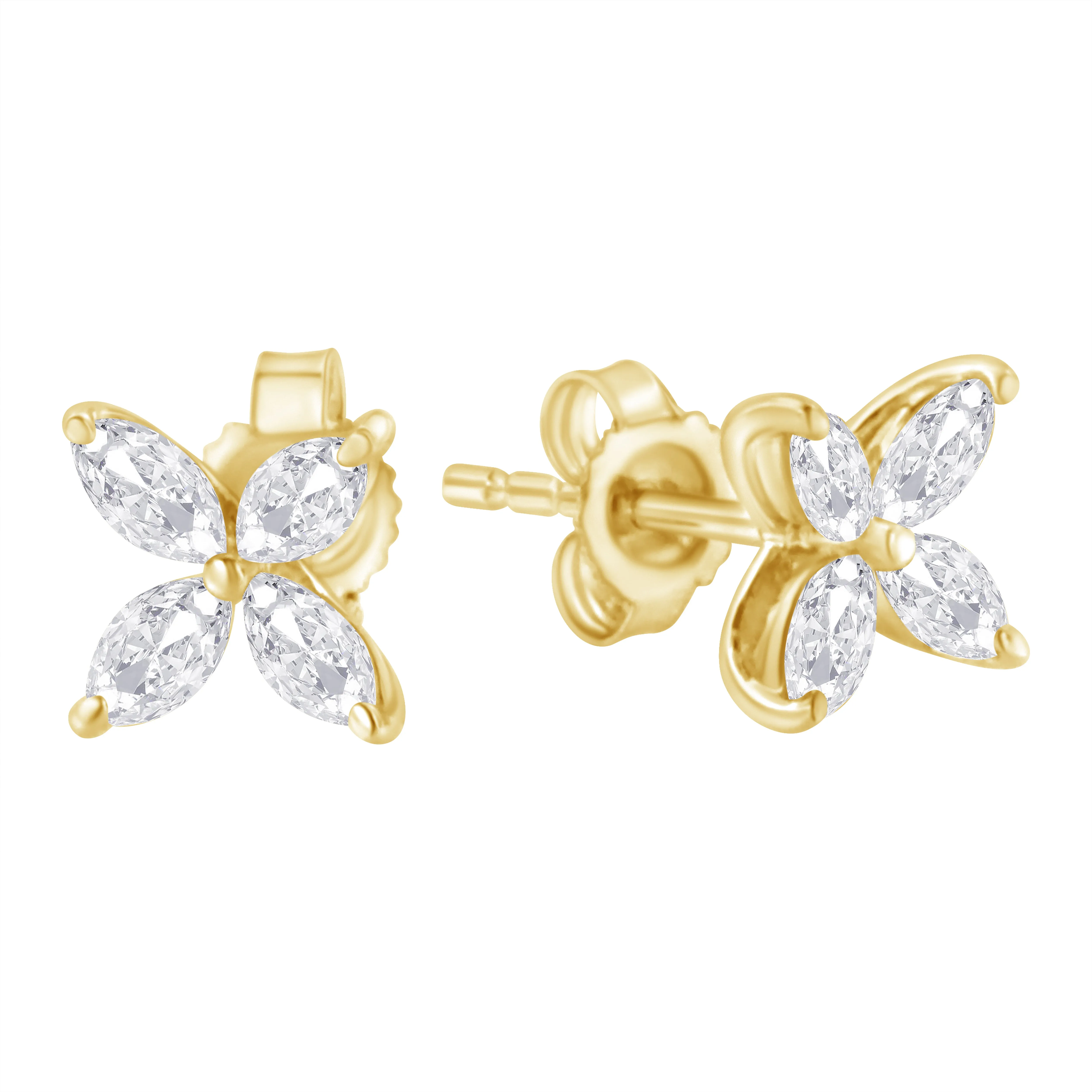 14K Gold Marquise Diamond 8 Stone Floral Leaf Stud Earrings