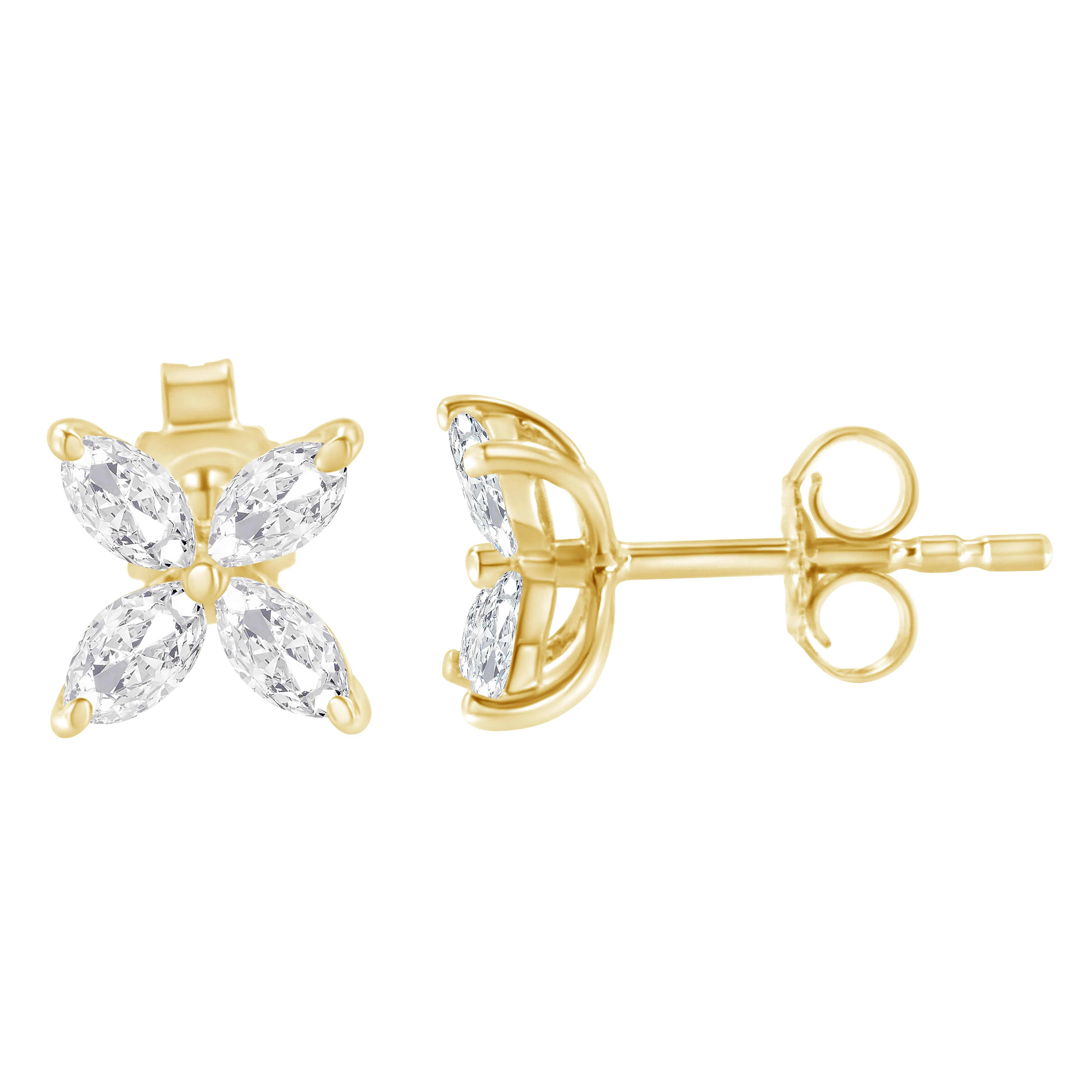 14K Gold Marquise Diamond 8 Stone Floral Leaf Stud Earrings