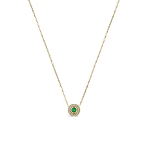 14k Round Emerald & Diamond Halo Necklace