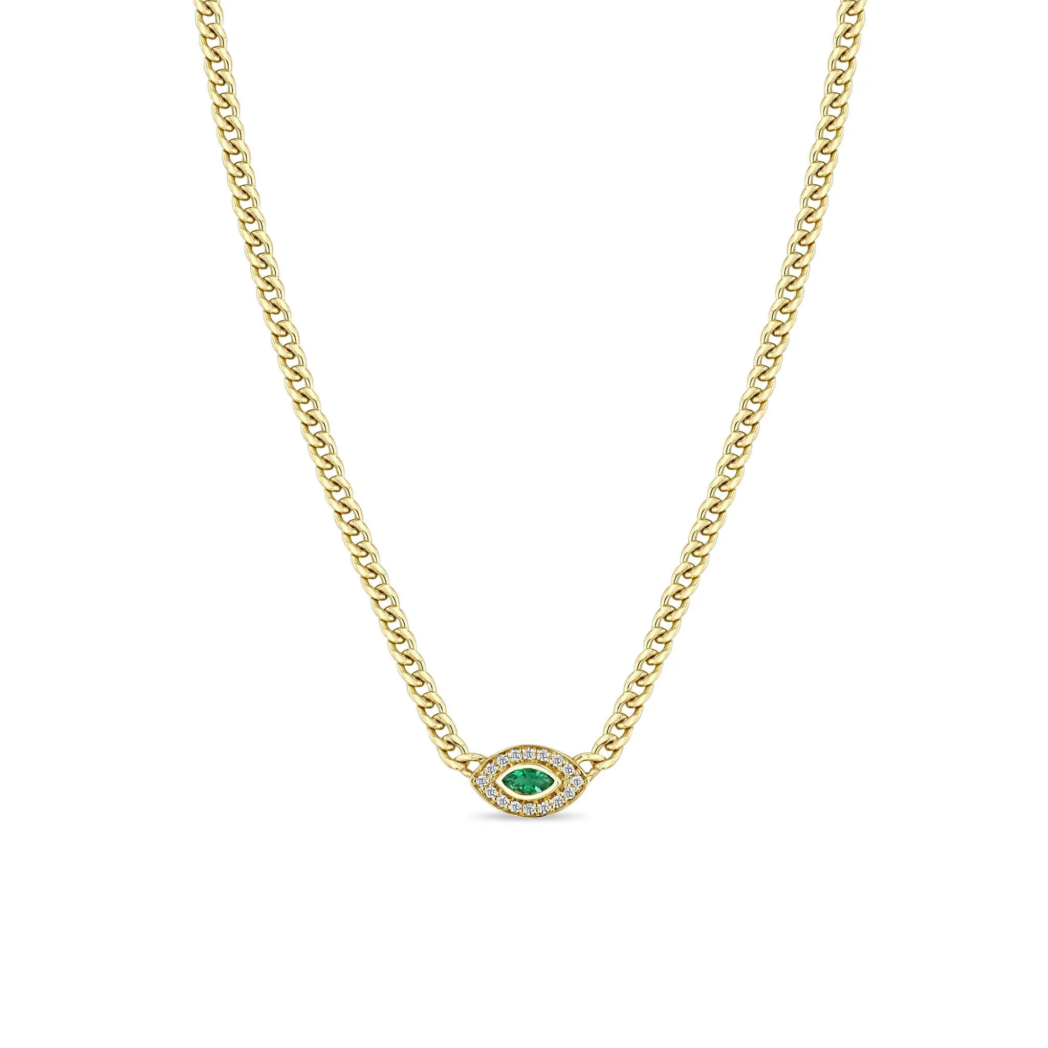 14k Small Curb Chain Marquise Emerald Halo Necklace