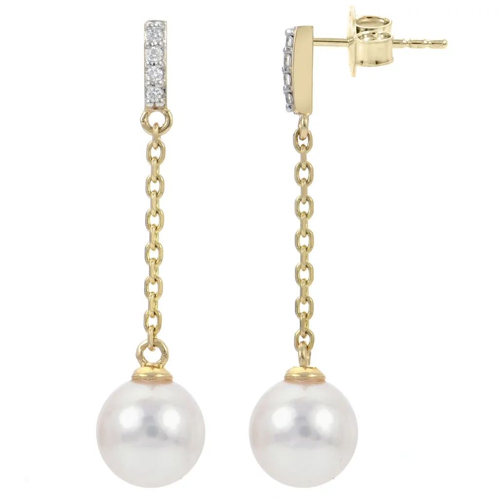 14K Yellow Gold Akoya Pearl Dangle Earrings with Diamonds