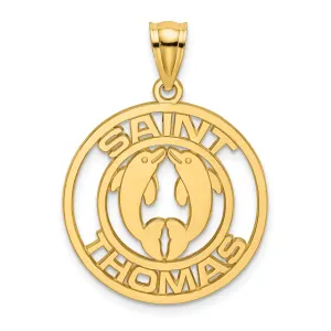 14K Yellow Gold Polished Finish SAINT THOMAS Circle Design with Double Dolphins Charm Pendant