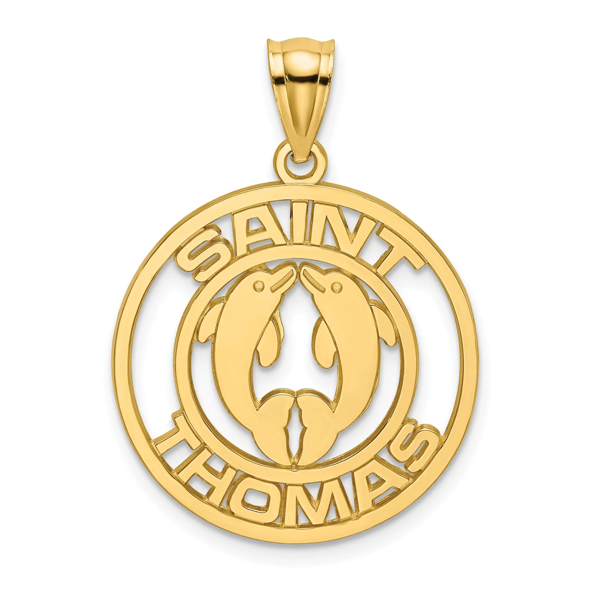 14K Yellow Gold Polished Finish SAINT THOMAS Circle Design with Double Dolphins Charm Pendant