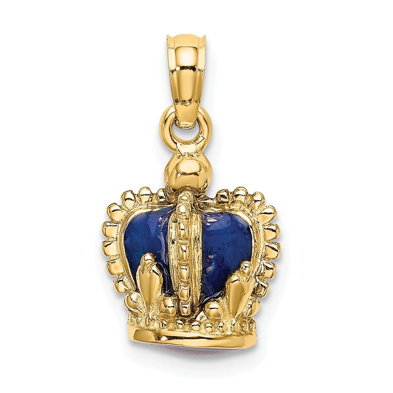 14K Yellow Gold Polished Solid Blue Enamel Finish 3-Dimensional Beaded Design Crown Charm Pendant