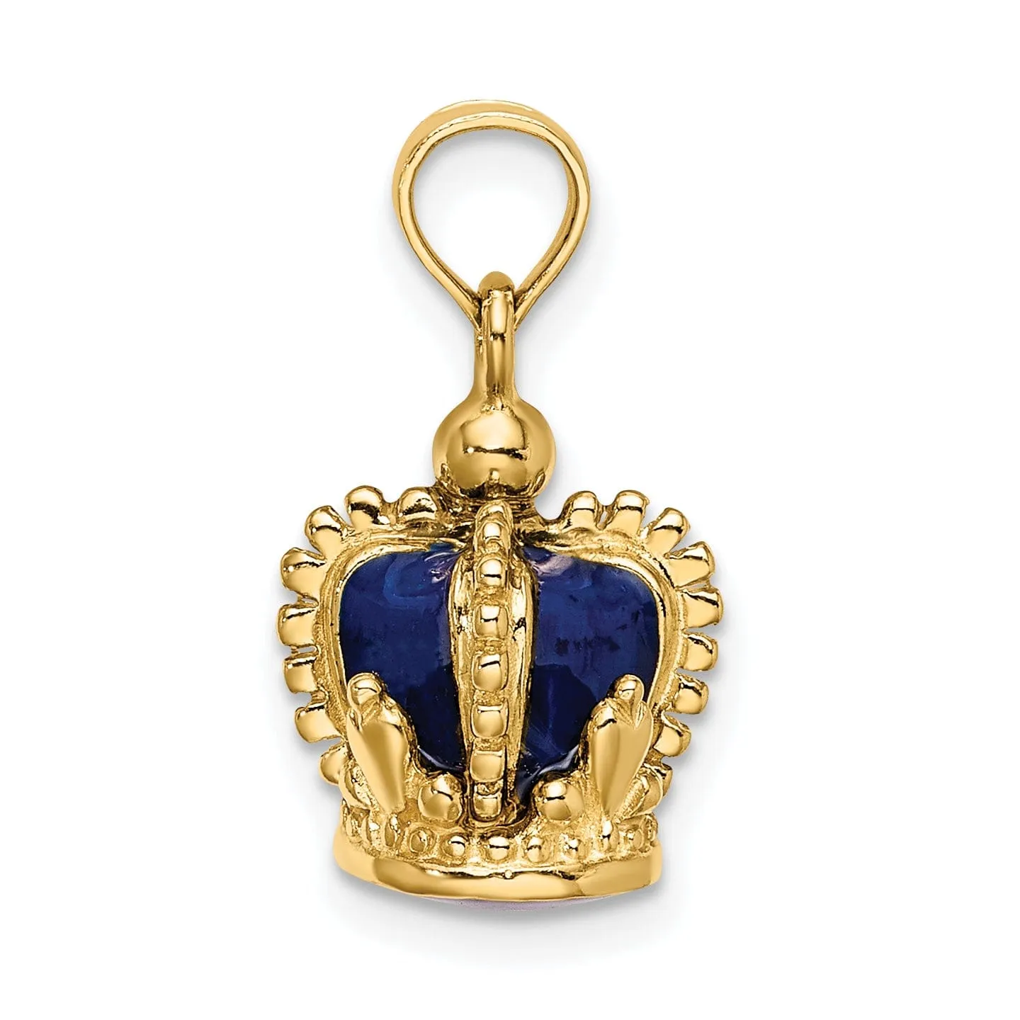 14K Yellow Gold Polished Solid Blue Enamel Finish 3-Dimensional Beaded Design Crown Charm Pendant