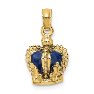 14K Yellow Gold Polished Solid Blue Enamel Finish 3-Dimensional Beaded Design Crown Charm Pendant