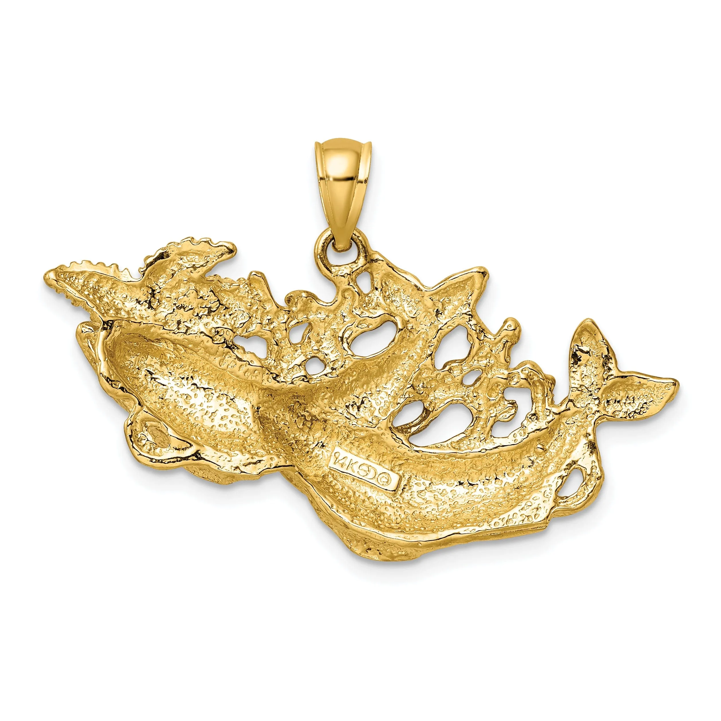 14K Yellow Gold Polished Textured Finish Dolphins Swimming in Starfish Design Charm Pendant