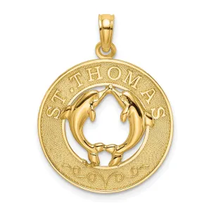 14K Yellow Gold Polished Textured Finish SAINT THOMAS Circle Design with Double Dolphins Charm Pendant