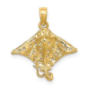 14K Yellow Gold Solid Casted Textured Polished Finish Spotted Eagle Ray with Holes Charm Pendant