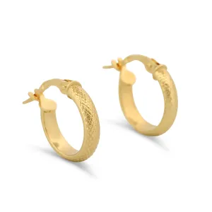 18K Yellow Gold Textured Huggie Hoop Earrings Perfect Everyday Small Hoops