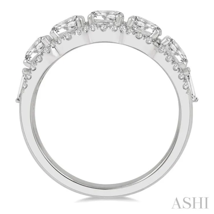 2 ctw Scalloped Edge Circular Mount 5-Stone Baguette and Round Cut Diamond Fashion Ring in 14K White Gold