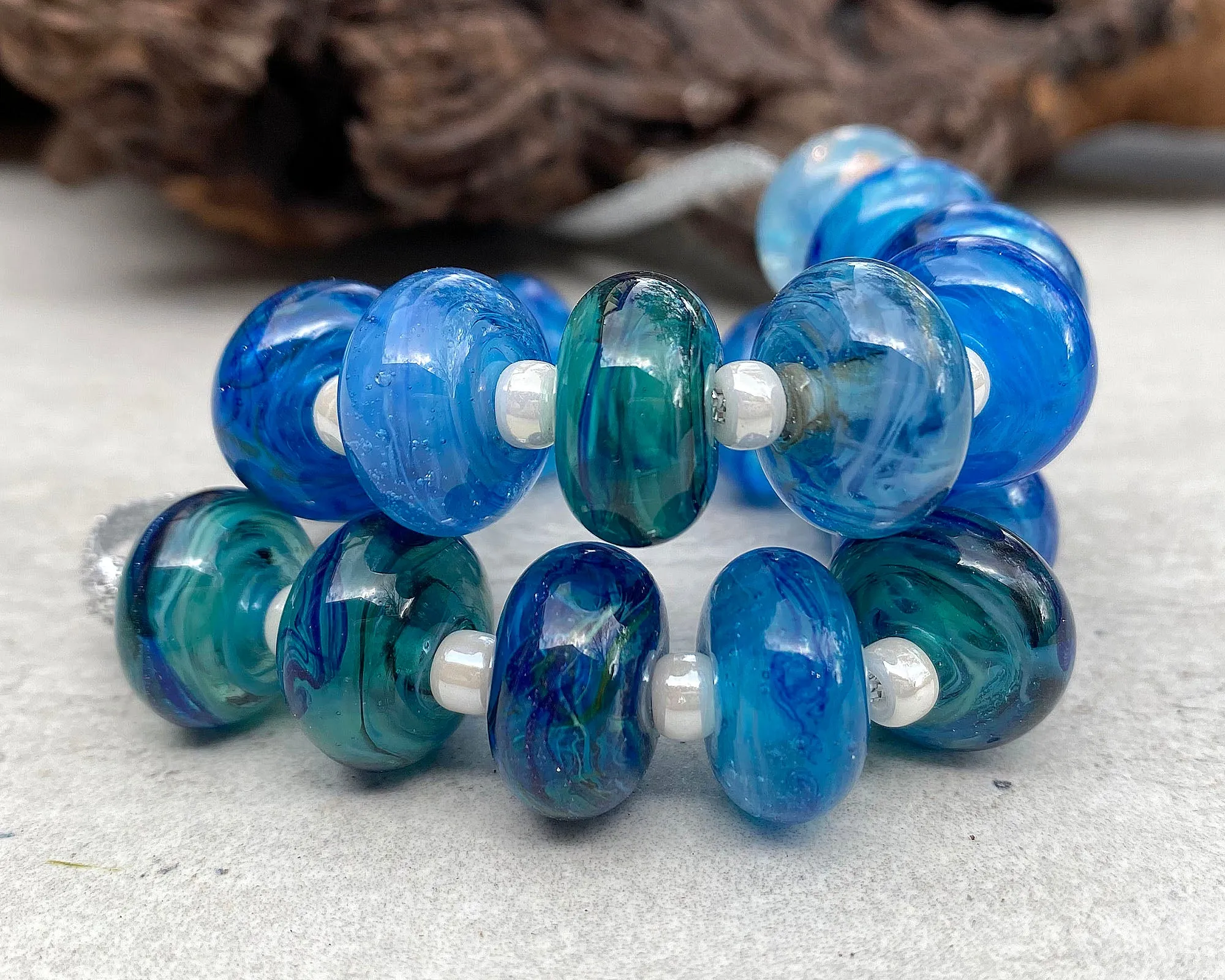 20 Vibrant Aqua Blue Ocean Lampwork Beads Set SRA