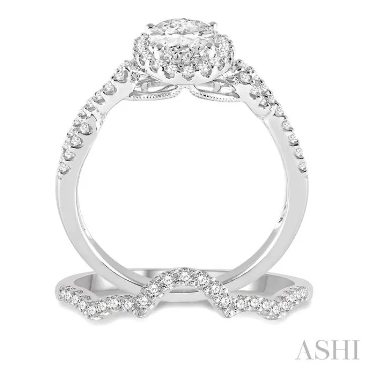 3/4 Ctw Diamond Wedding Set With 1/2 Ctw Oval Cut Diamond Engagement Ring and 1/6 Ctw Curved Diamond Wedding Band in 14K White Gold