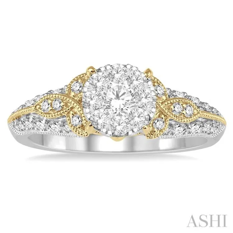 3/4 Ctw Round Diamond Lovebright Vintage Inspired Engagement Ring in 14K White and Yellow Gold