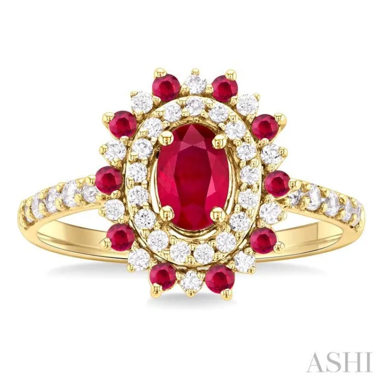 3/8 ctw Floral 6X4 MM Oval & 1.5 MM Round Cut Ruby and Round Cut Diamond Precious Ring in 14K Yellow Gold