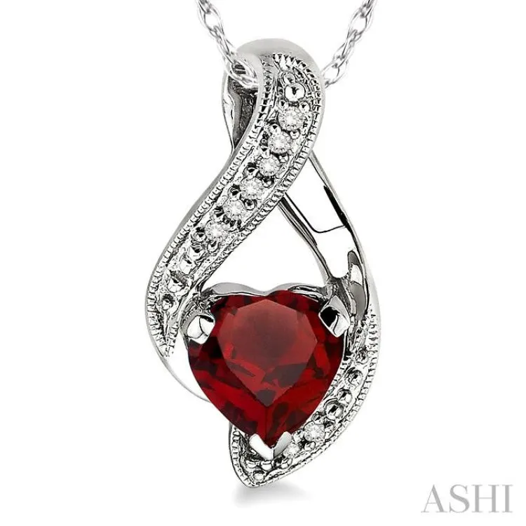 7mm Heart Shape Garnet and 1/20 Ctw Single Cut Diamond Pendant in 14K White Gold with Chain