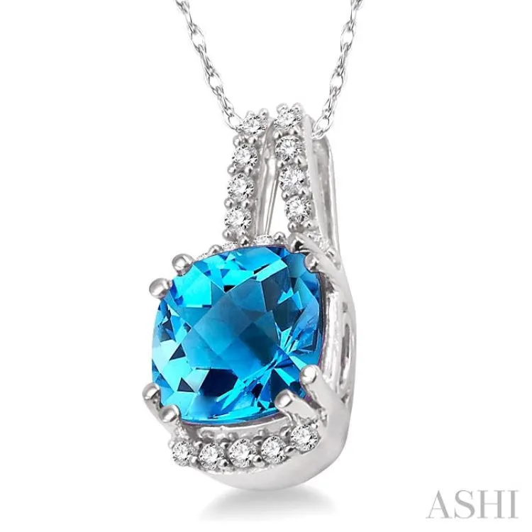 8x8mm Cushion Cut Blue Topaz and 1/5 Ctw Round Cut Diamond Pendant in 14K White Gold with Chain