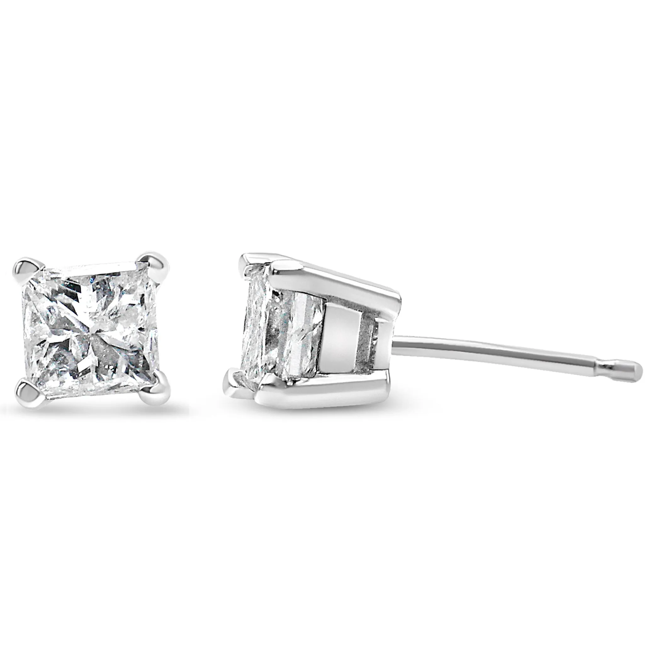 AGS Certified 14k Gold 4-Prong Set Princess-Cut Solitaire Diamond Push Back Stud Earrings (I-J Color, SI2-I1 Clarity) - Pack Of: 1 | Metal color: White