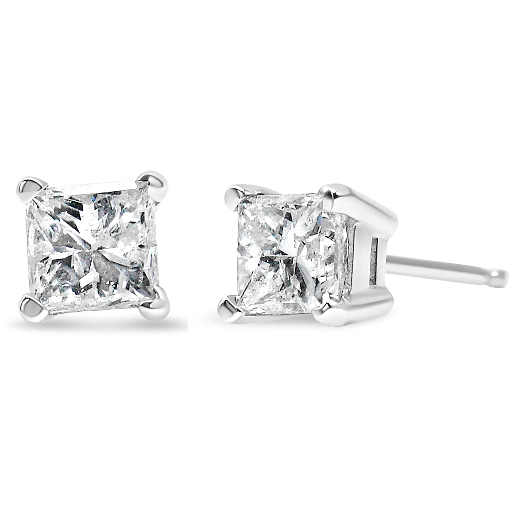 AGS Certified 14k Gold 4-Prong Set Princess-Cut Solitaire Diamond Push Back Stud Earrings (I-J Color, SI2-I1 Clarity) - Pack Of: 1 | Metal color: White