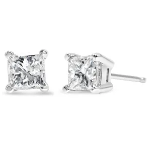 AGS Certified 14k Gold 4-Prong Set Princess-Cut Solitaire Diamond Push Back Stud Earrings (I-J Color, SI2-I1 Clarity) - Pack Of: 1 | Metal color: White