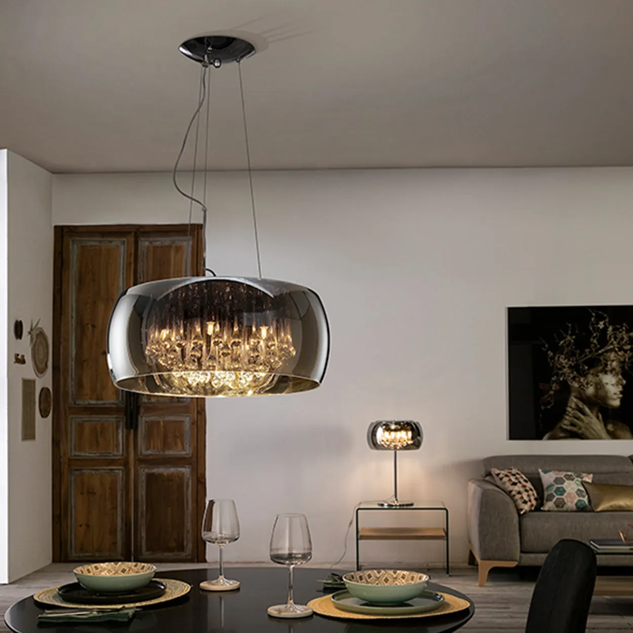 ANKUR DOMA PEARL GLASS DOME AND CRYSTAL LED HANGING CHANDELIER