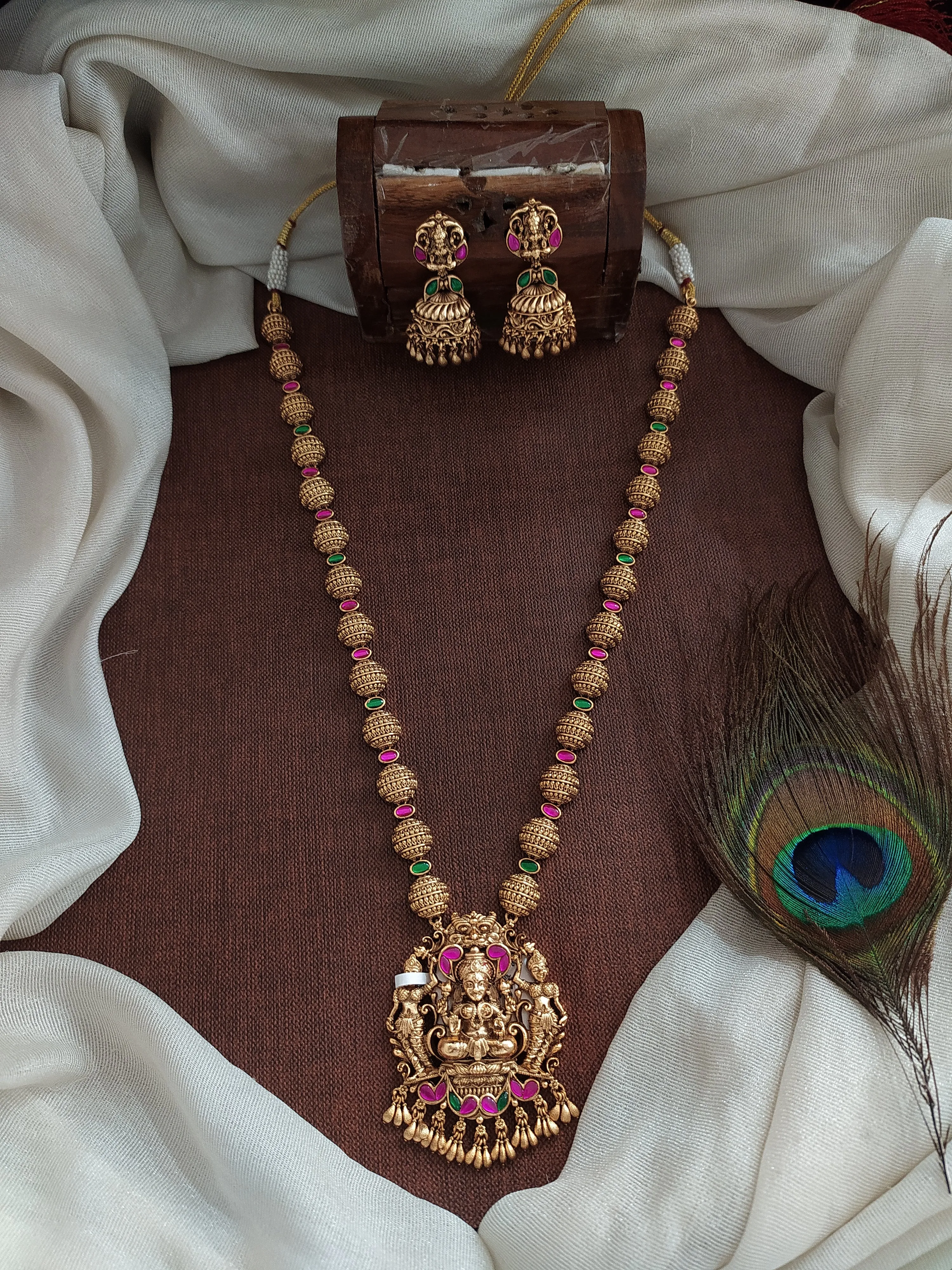 Antique Half-Circle Golden Balls Mala Set with Lakshmi Pendant and Jhumki