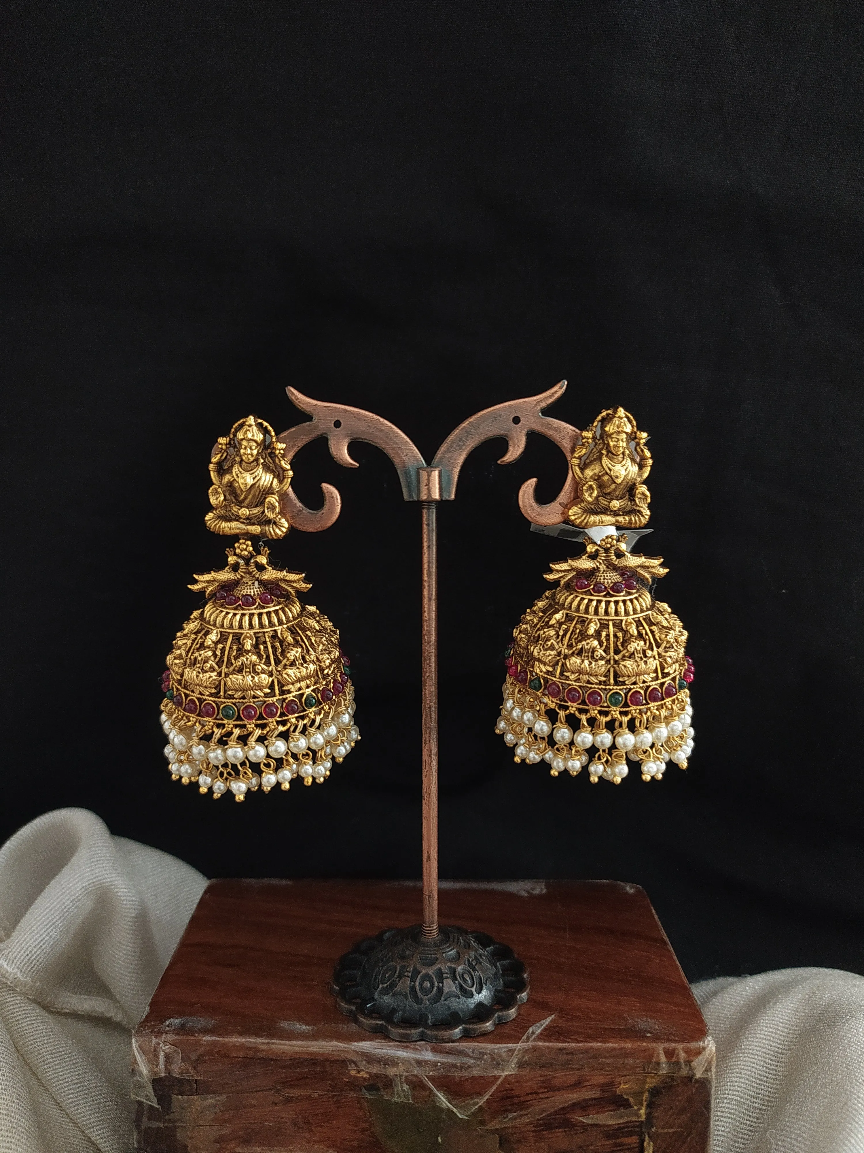 Antique Lakshmi Studded Jhumki with Pearl Drops