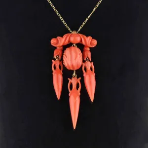 Antique Victorian 14K Gold Amphora Carved Coral Necklace