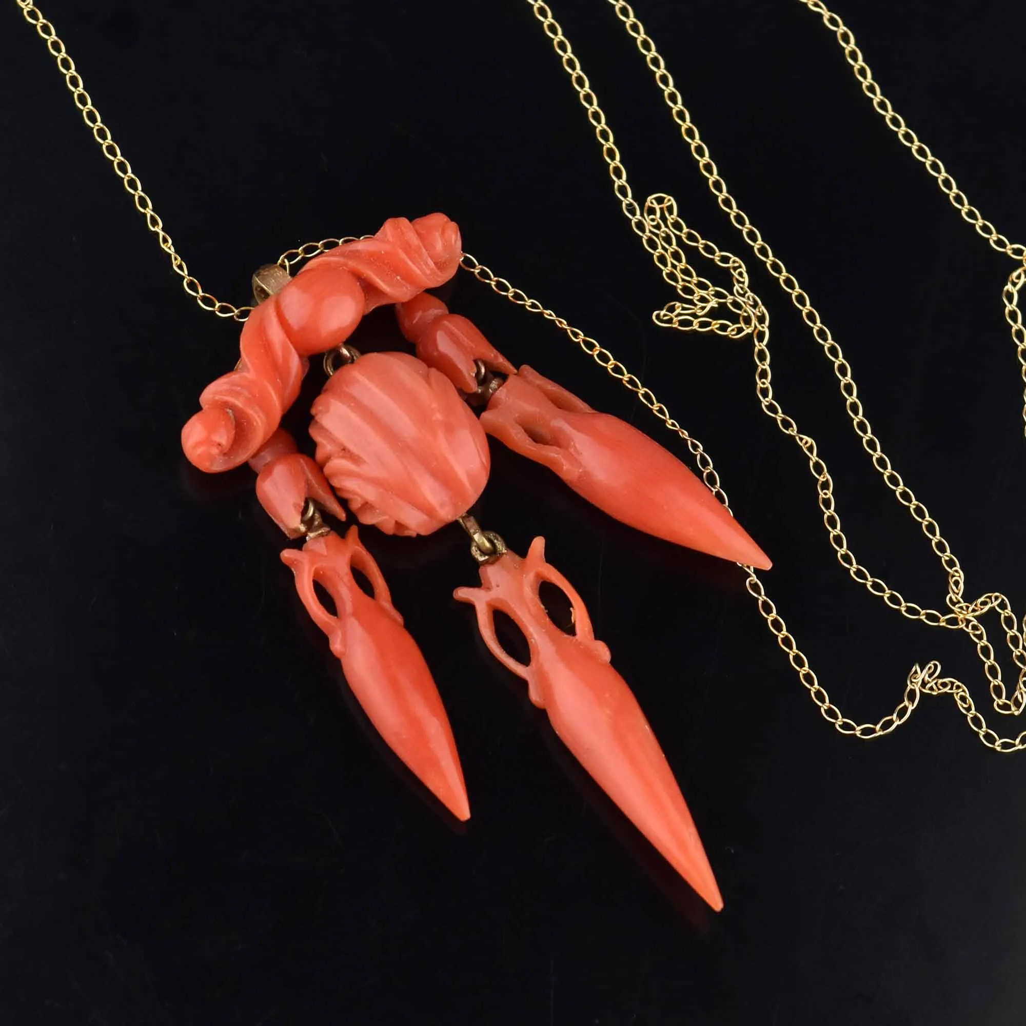 Antique Victorian 14K Gold Amphora Carved Coral Necklace