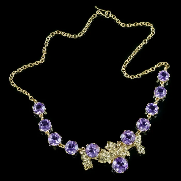 Antique Victorian Amethyst Grape Vine Necklace 18Ct Gold On Silver Circa 1900