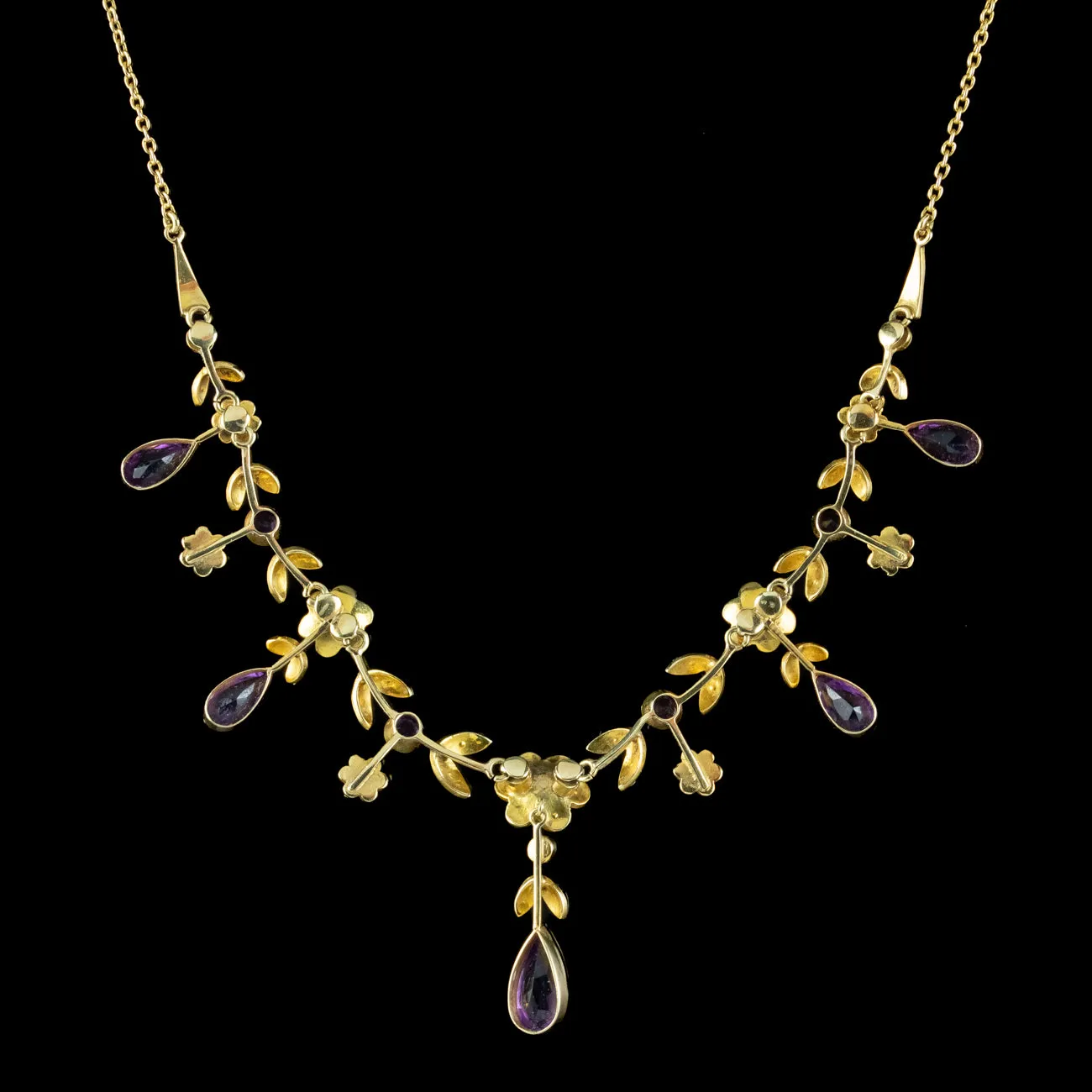 Antique Victorian Floral Amethyst Pearl Dropper Necklace 15ct Gold