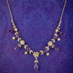 Antique Victorian Floral Amethyst Pearl Dropper Necklace 15ct Gold