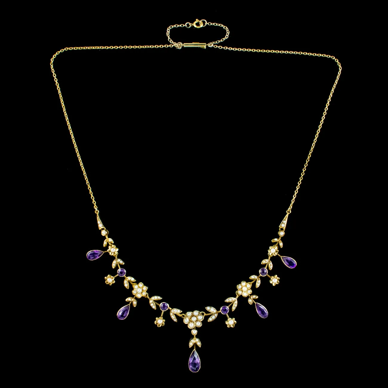 Antique Victorian Floral Amethyst Pearl Dropper Necklace 15ct Gold