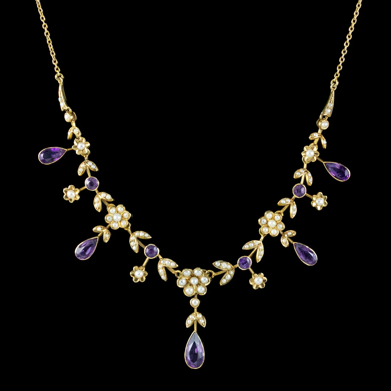 Antique Victorian Floral Amethyst Pearl Dropper Necklace 15ct Gold