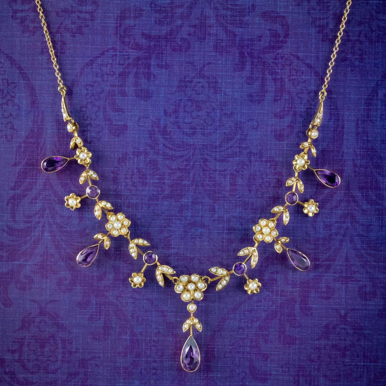 Antique Victorian Floral Amethyst Pearl Dropper Necklace 15ct Gold