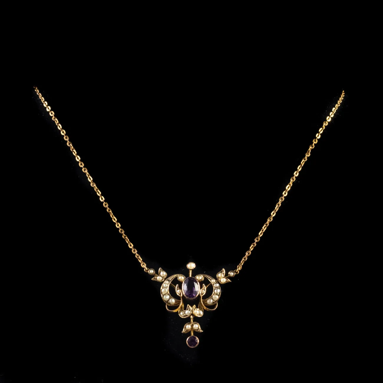 Antique Victorian Pearl Amethyst Pendant Necklace 9Ct Gold Circa 1900