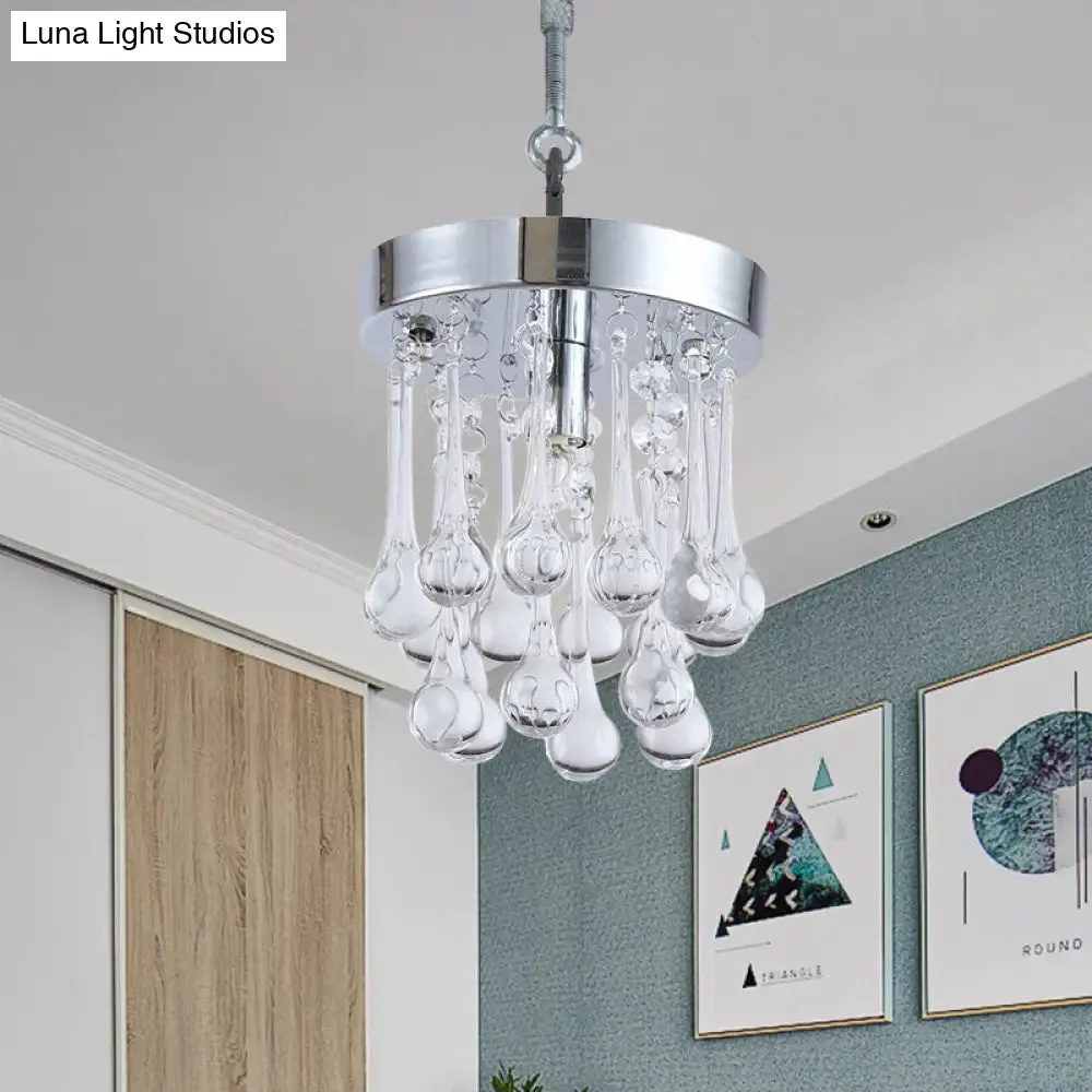 Beveled K9 Crystal Ceiling Light with Raindrop Design: Modern 1-Light Guest Room Pendant in Chrome