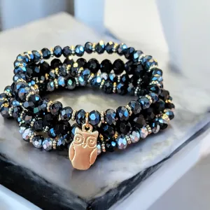 Black Crystal Owl Stretch Bracelet Stack