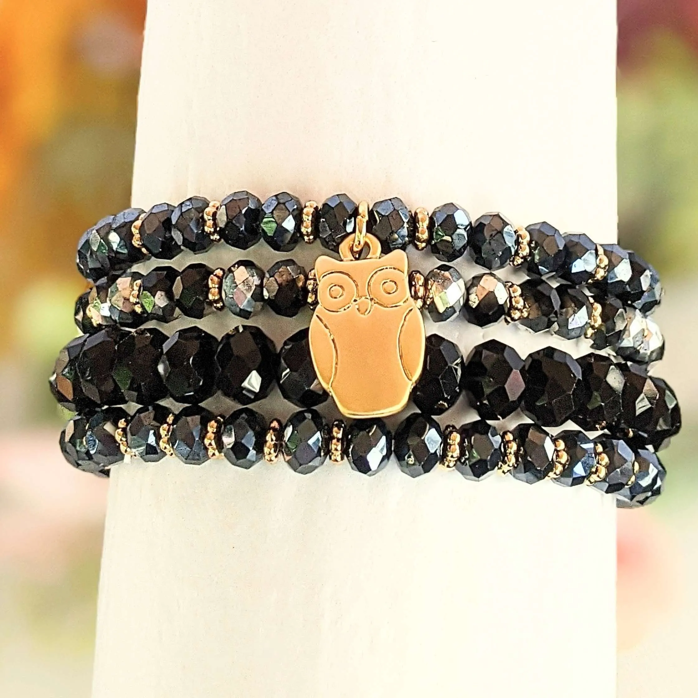 Black Crystal Owl Stretch Bracelet Stack