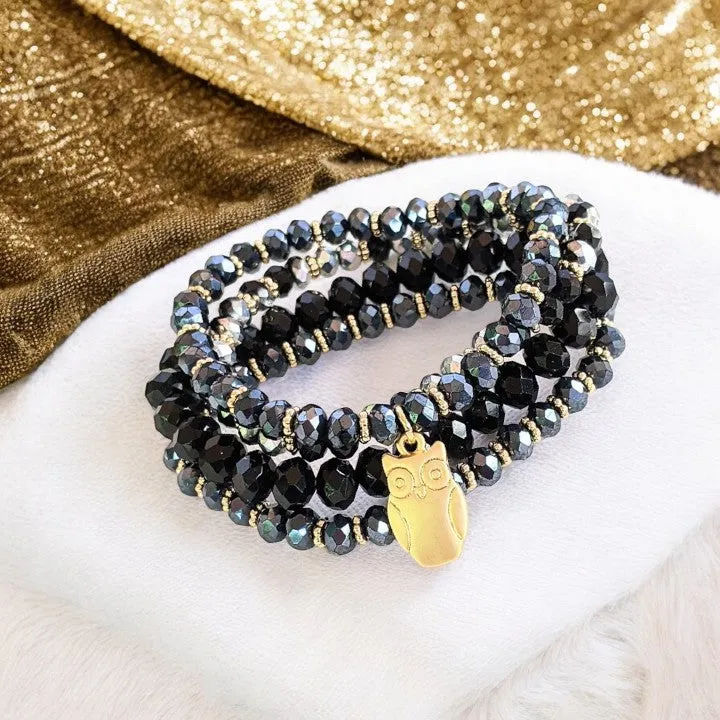 Black Crystal Owl Stretch Bracelet Stack