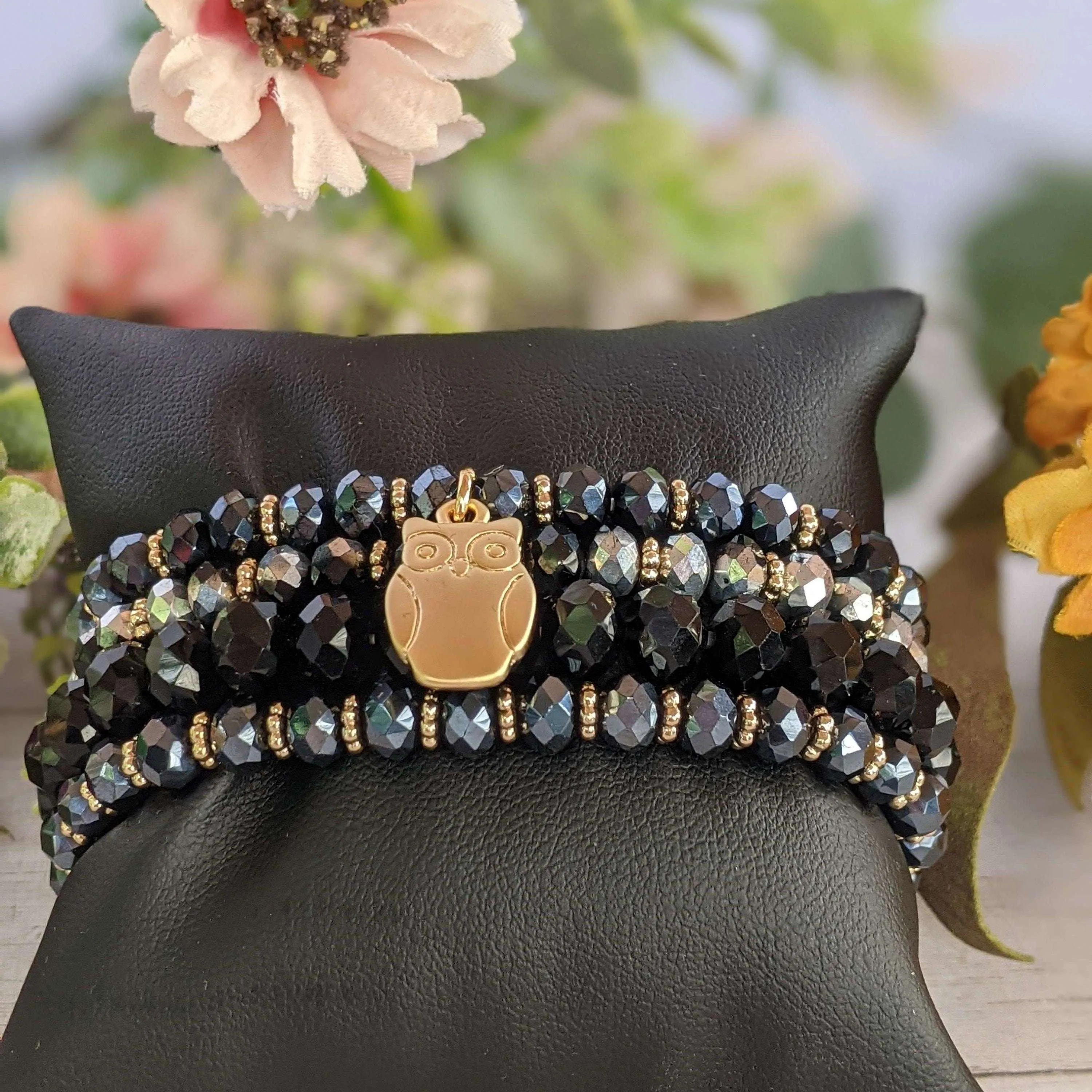 Black Crystal Owl Stretch Bracelet Stack