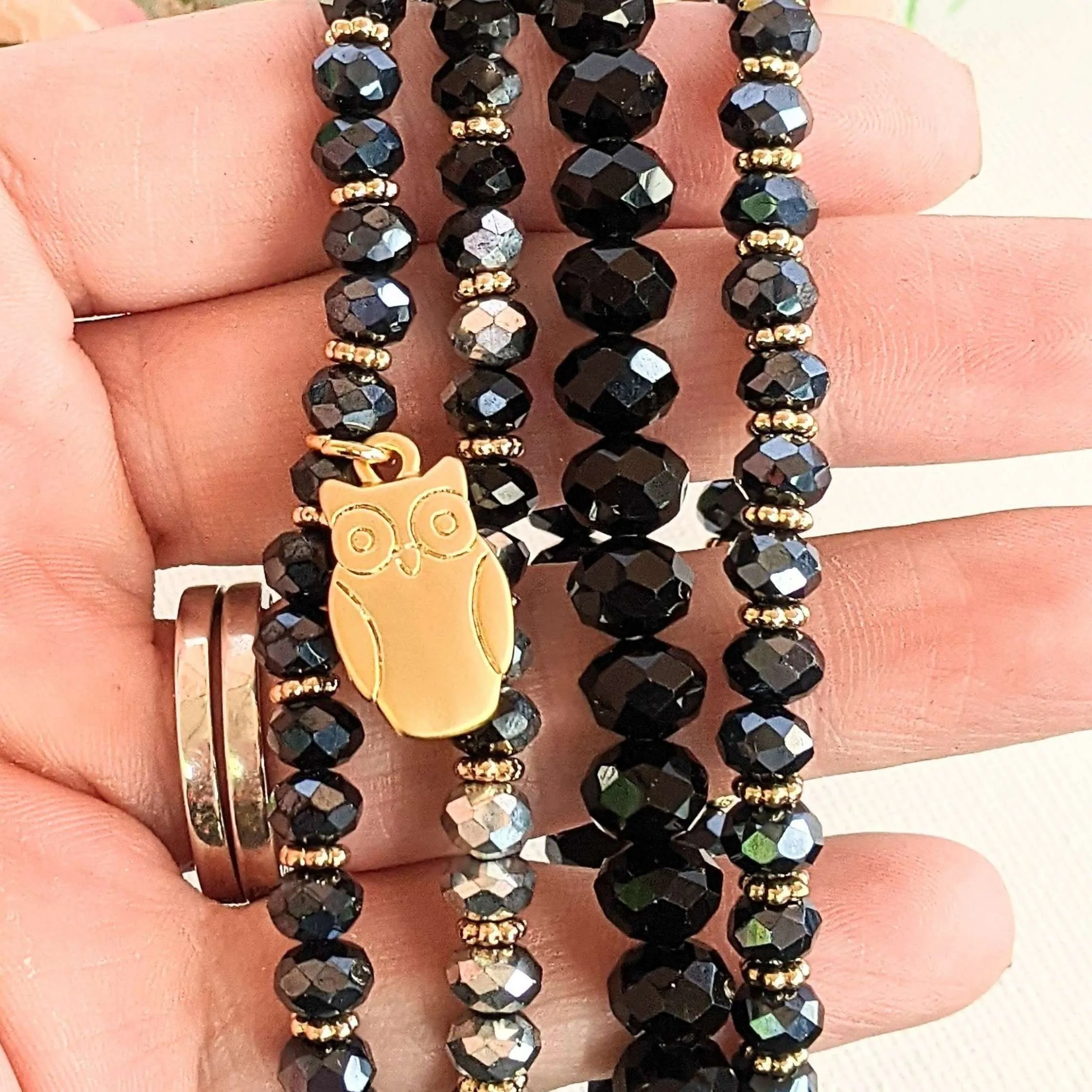 Black Crystal Owl Stretch Bracelet Stack